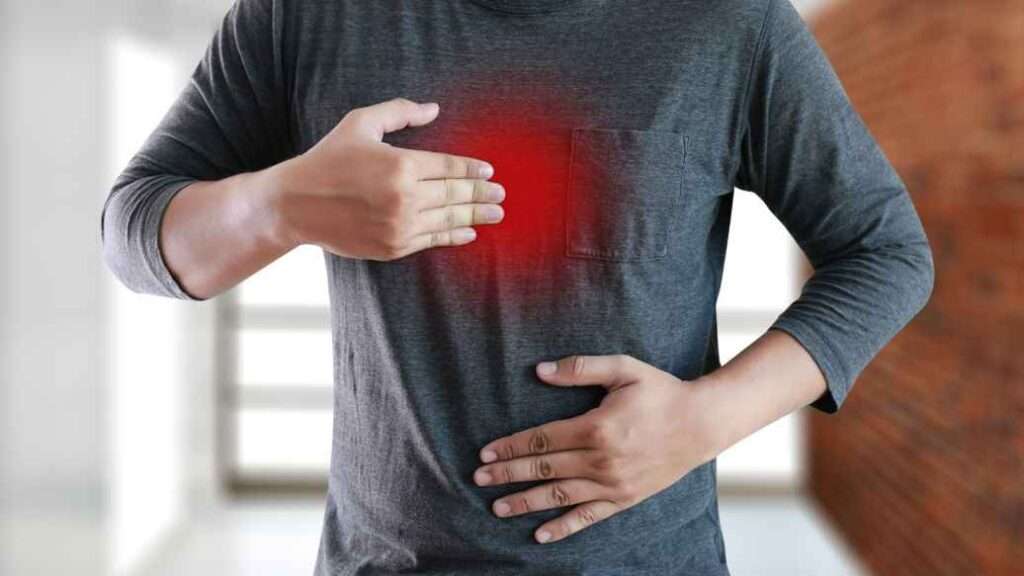 Red graphic over a man's check to illustrate the need for acid reflux treatments
