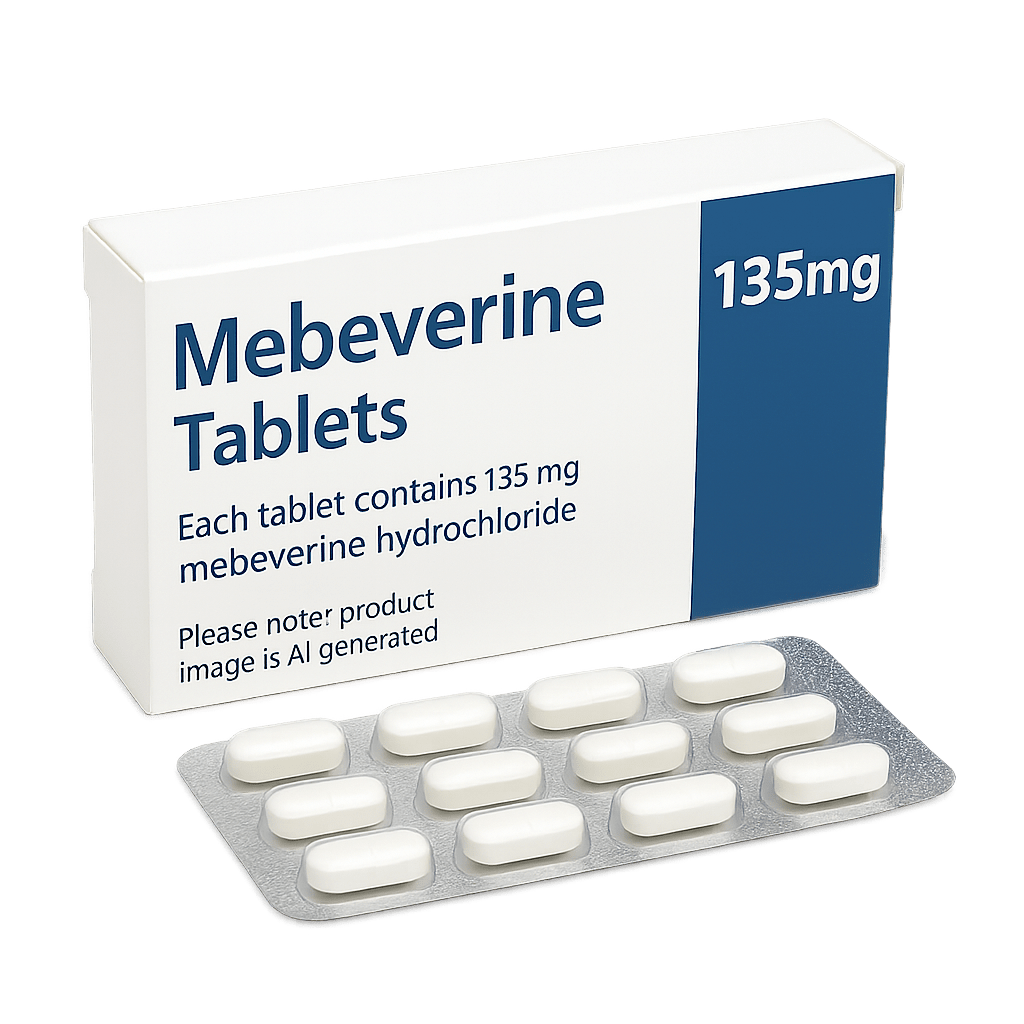 Box of Mebeverine 135mg Tablets for IBS symptom relief