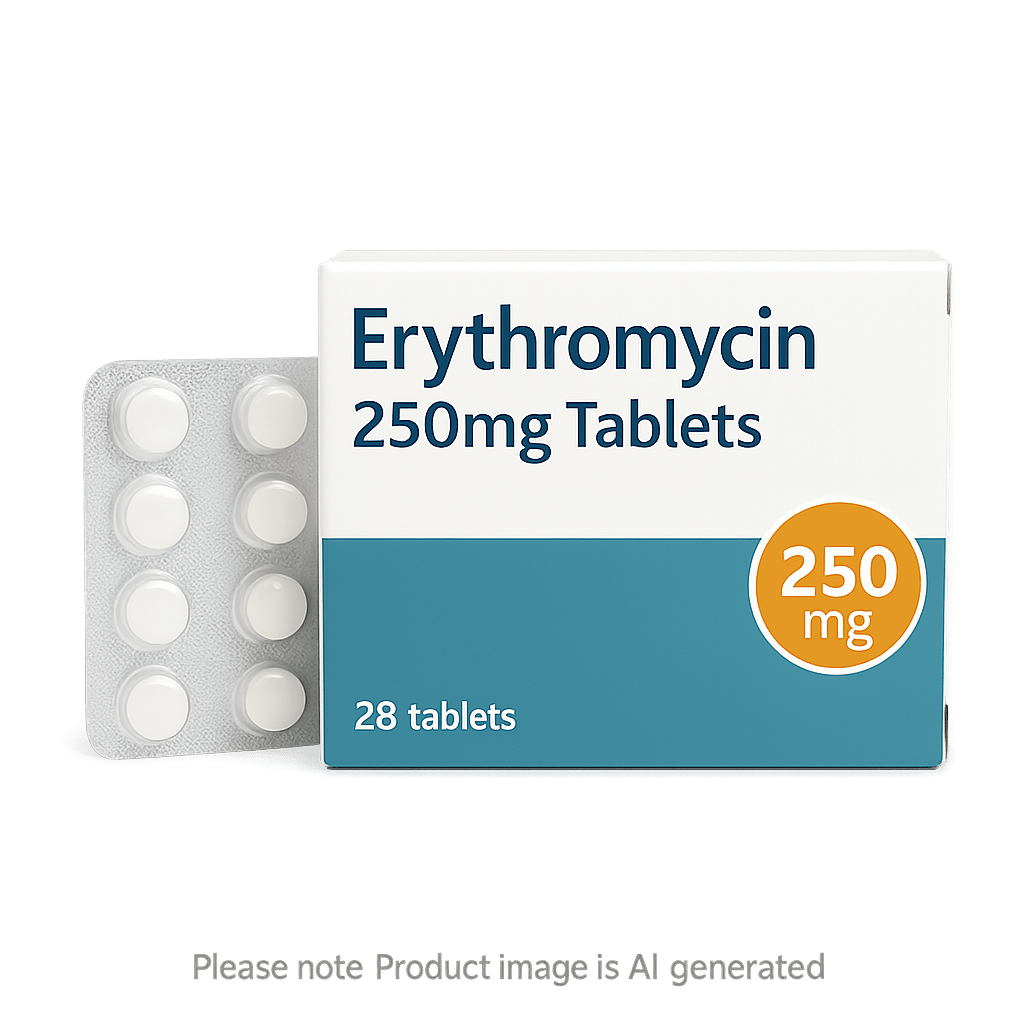 Box of Erythromycin 250mg Tablets used to treat bacterial infections