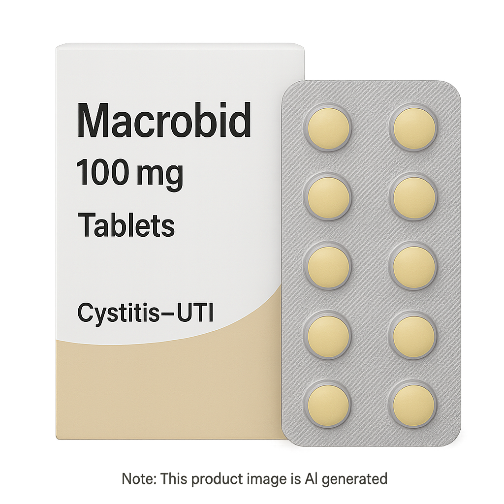 Box of Macrobid 100mg Tablets used to treat cystitis and UTIs